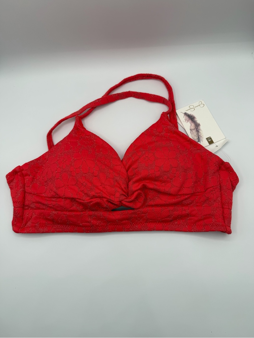Jessica Simpson Red Twist-Front Lace-Effect Swim Bralette